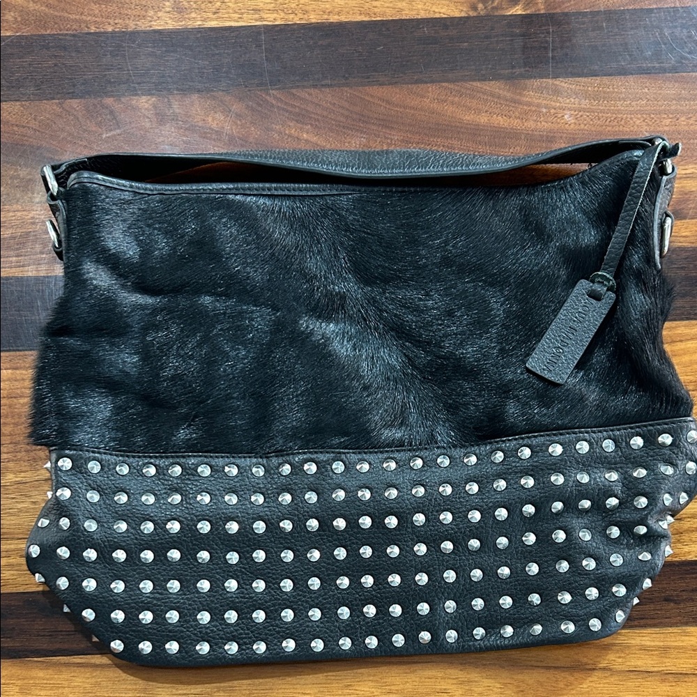 Real calf hair. Aqua Madonna Black and Silver Studded Shoulder Bag